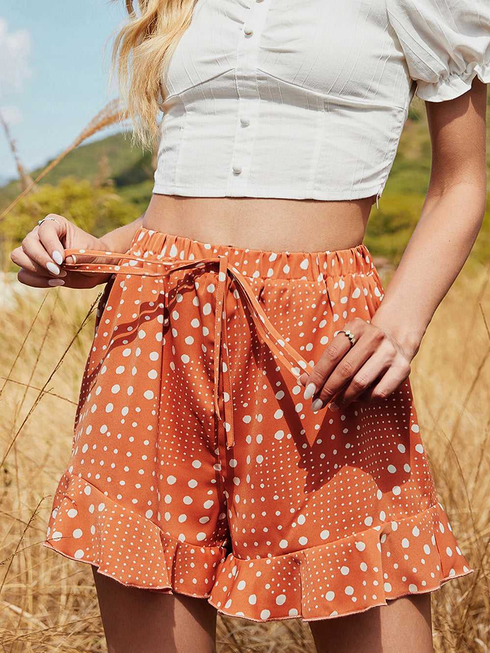 KittenAlarm - Tie Wide Loose High-waisted Elastic Tightening Ruffled Printed Polka-dot Shorts