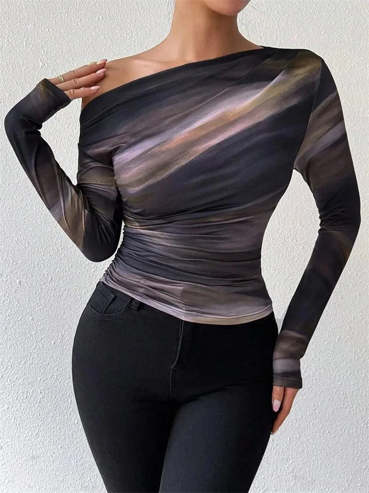 Tie-dye One Shoulder Slim Fit Long Sleeve Knit Top - Fashionpara