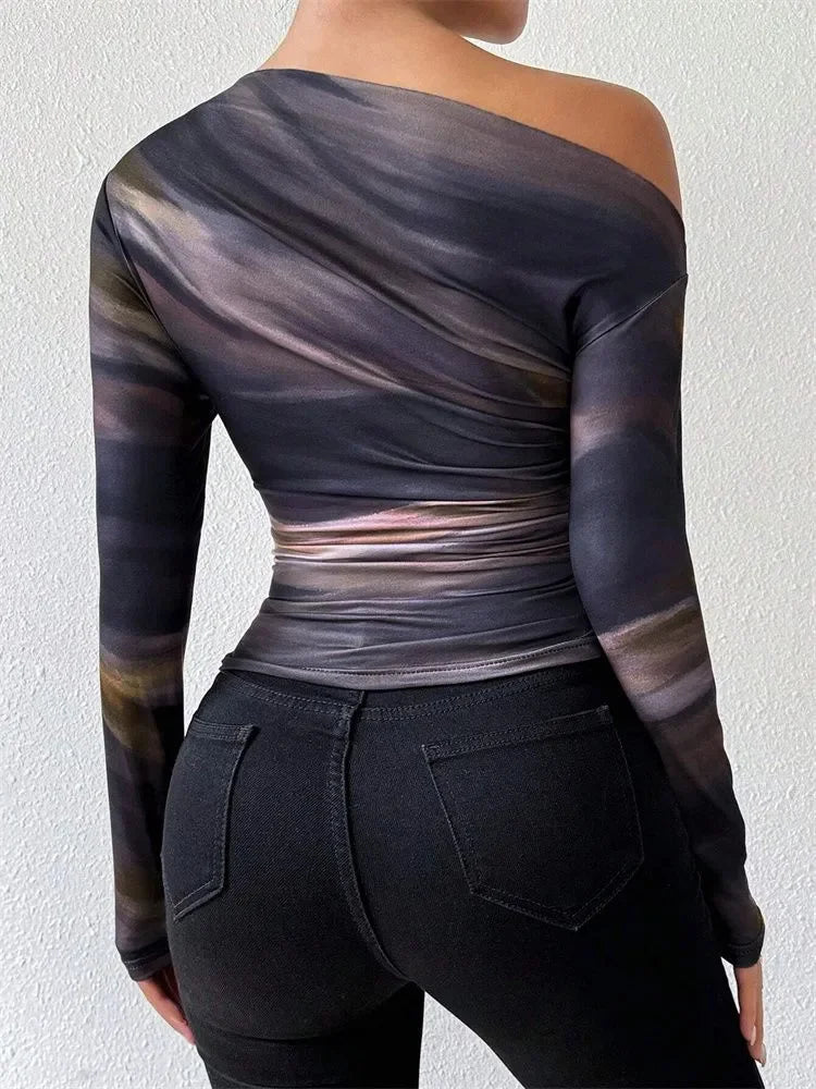 Tie-dye One Shoulder Slim Fit Long Sleeve Knit Top - Fashionpara