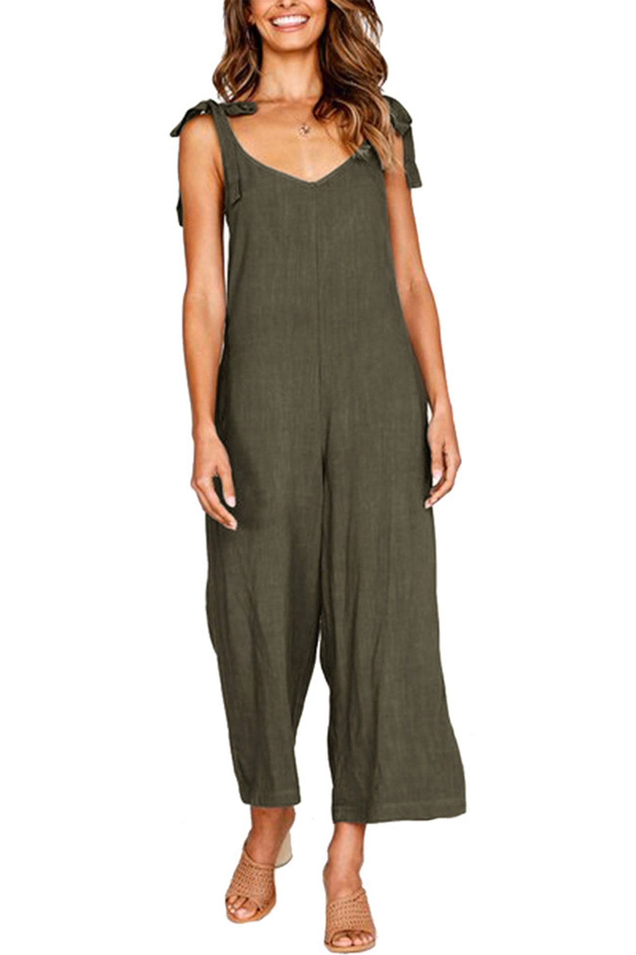 Tie-straps Backless Pocketed Cotton Jumpsuits - Fashionpara