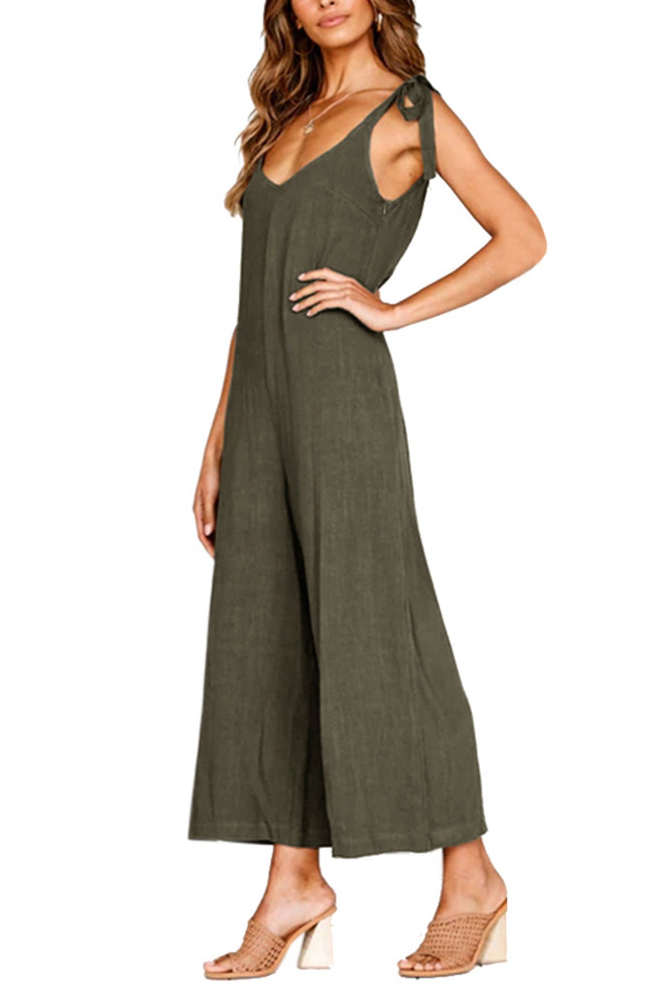 Tie-straps Backless Pocketed Cotton Jumpsuits - Fashionpara