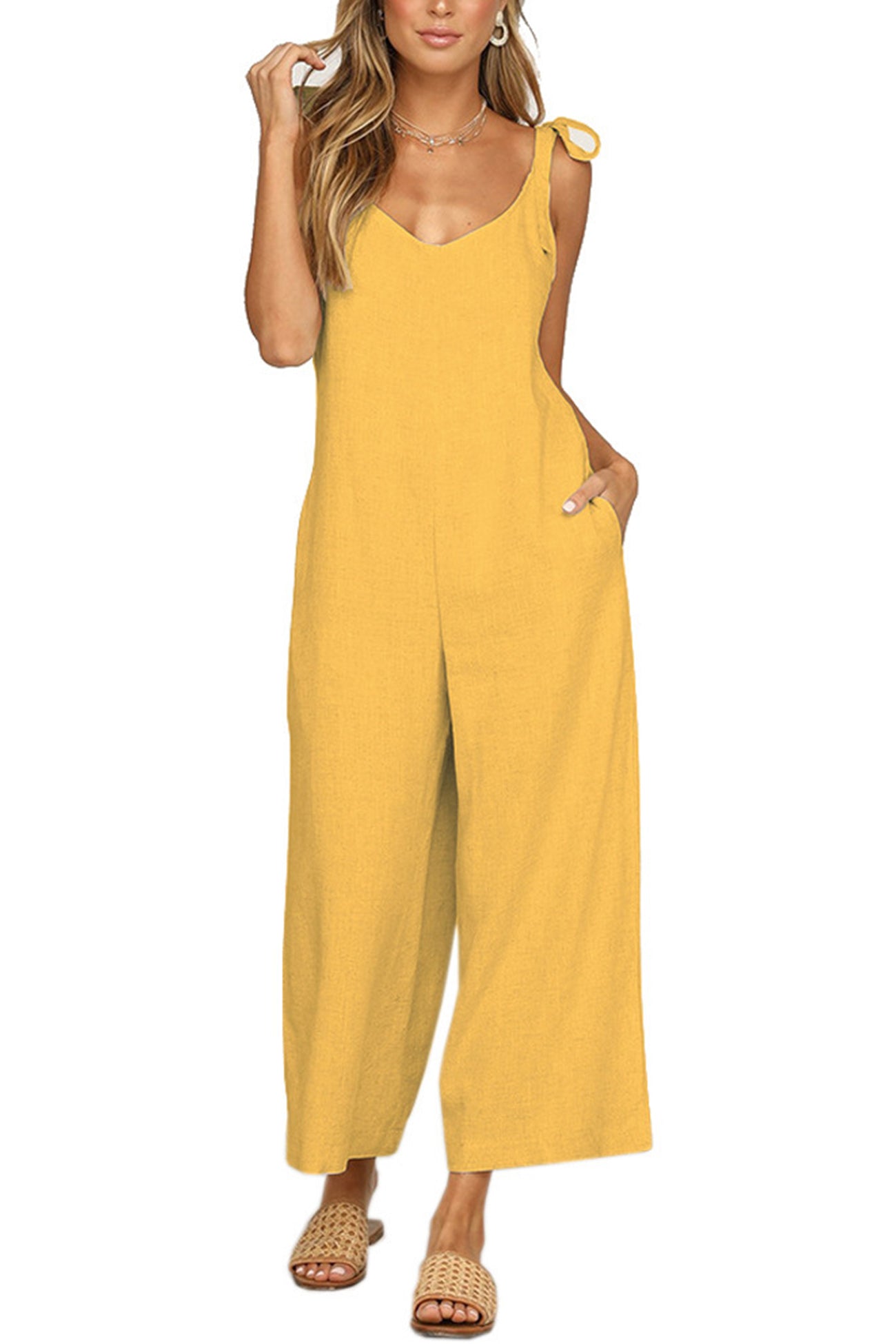 Tie-straps Backless Pocketed Cotton Jumpsuits - Fashionpara