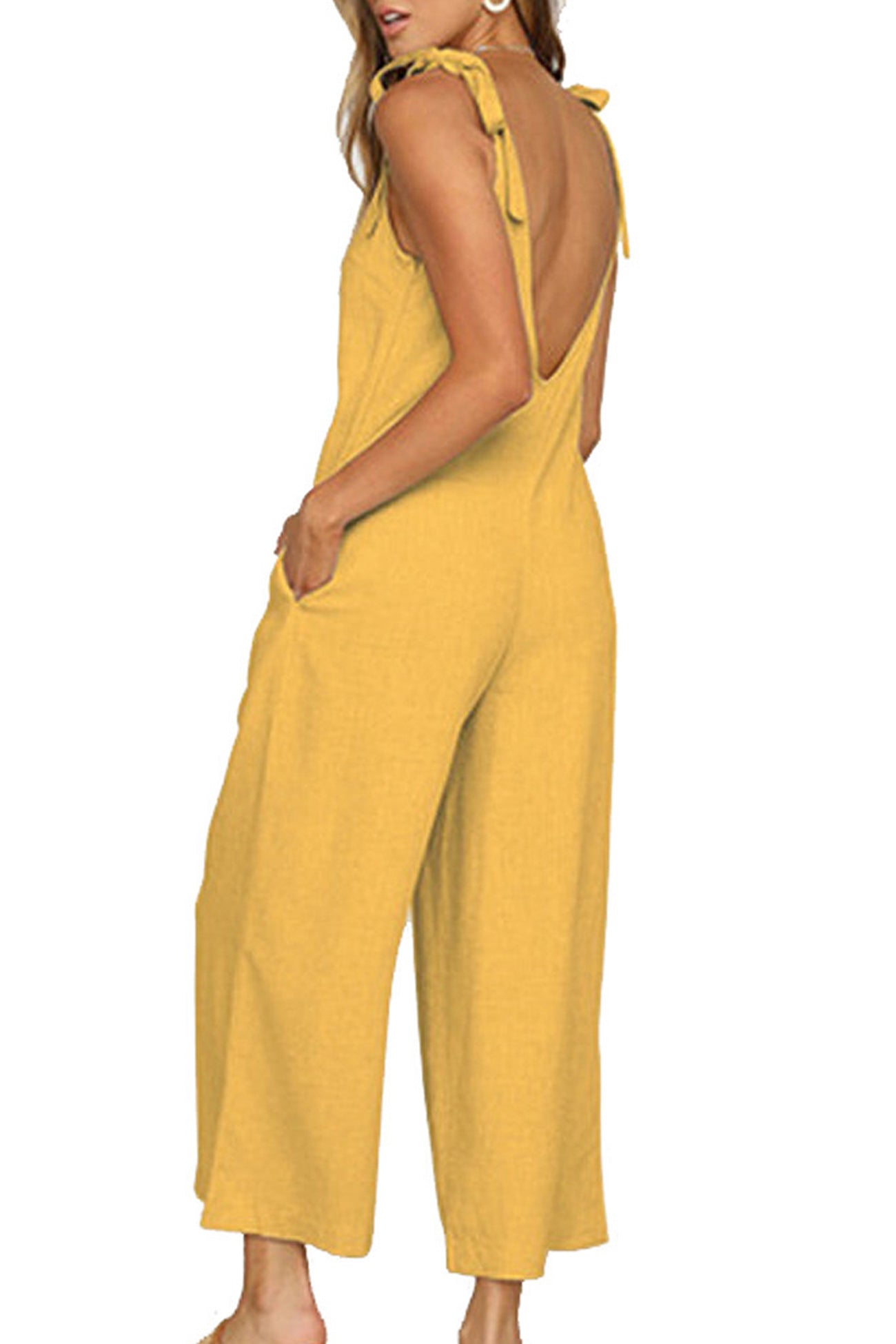 Tie-straps Backless Pocketed Cotton Jumpsuits - Fashionpara
