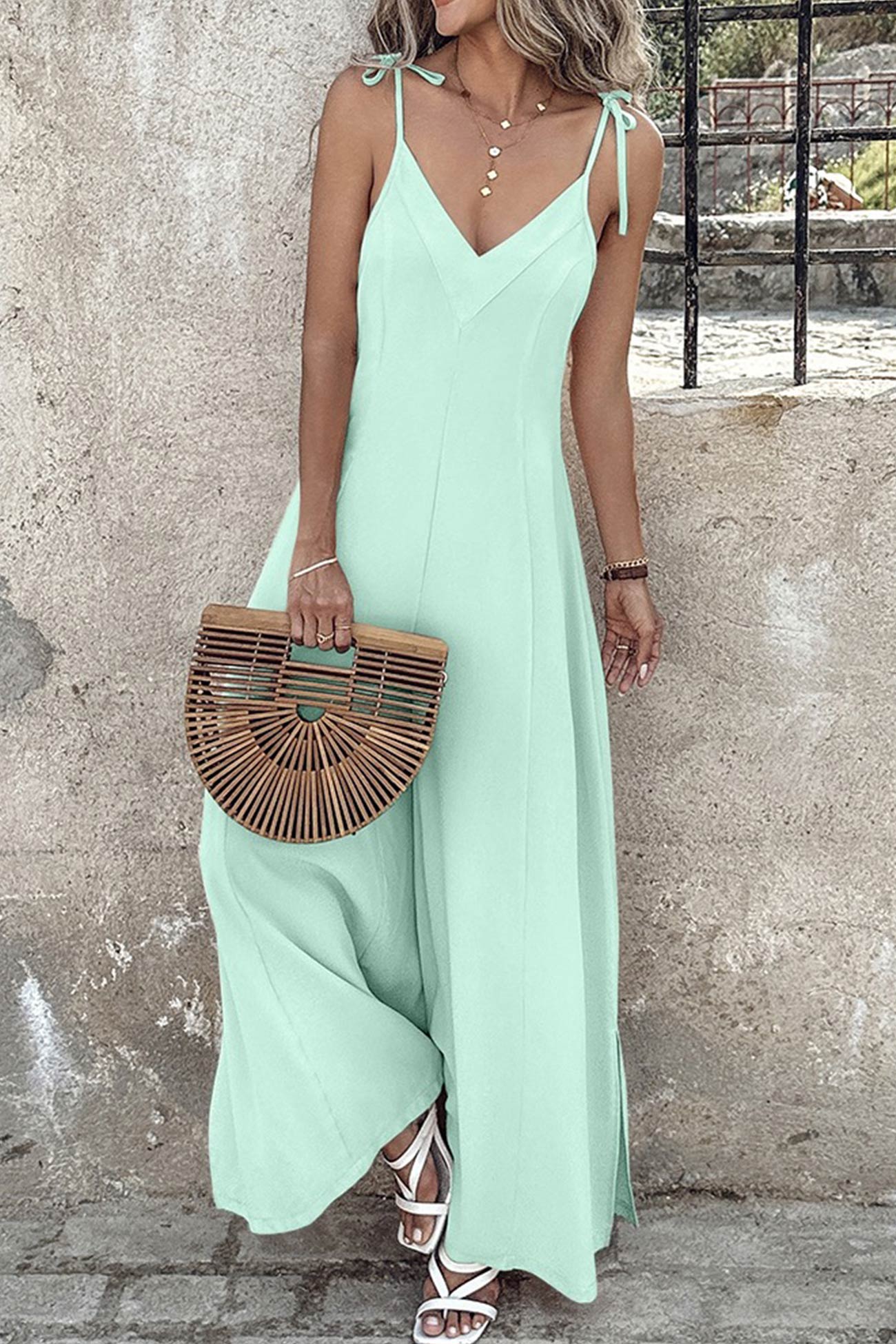 Tie-straps V Neck Slit Wide Leg Jumpsuits - Fashionpara