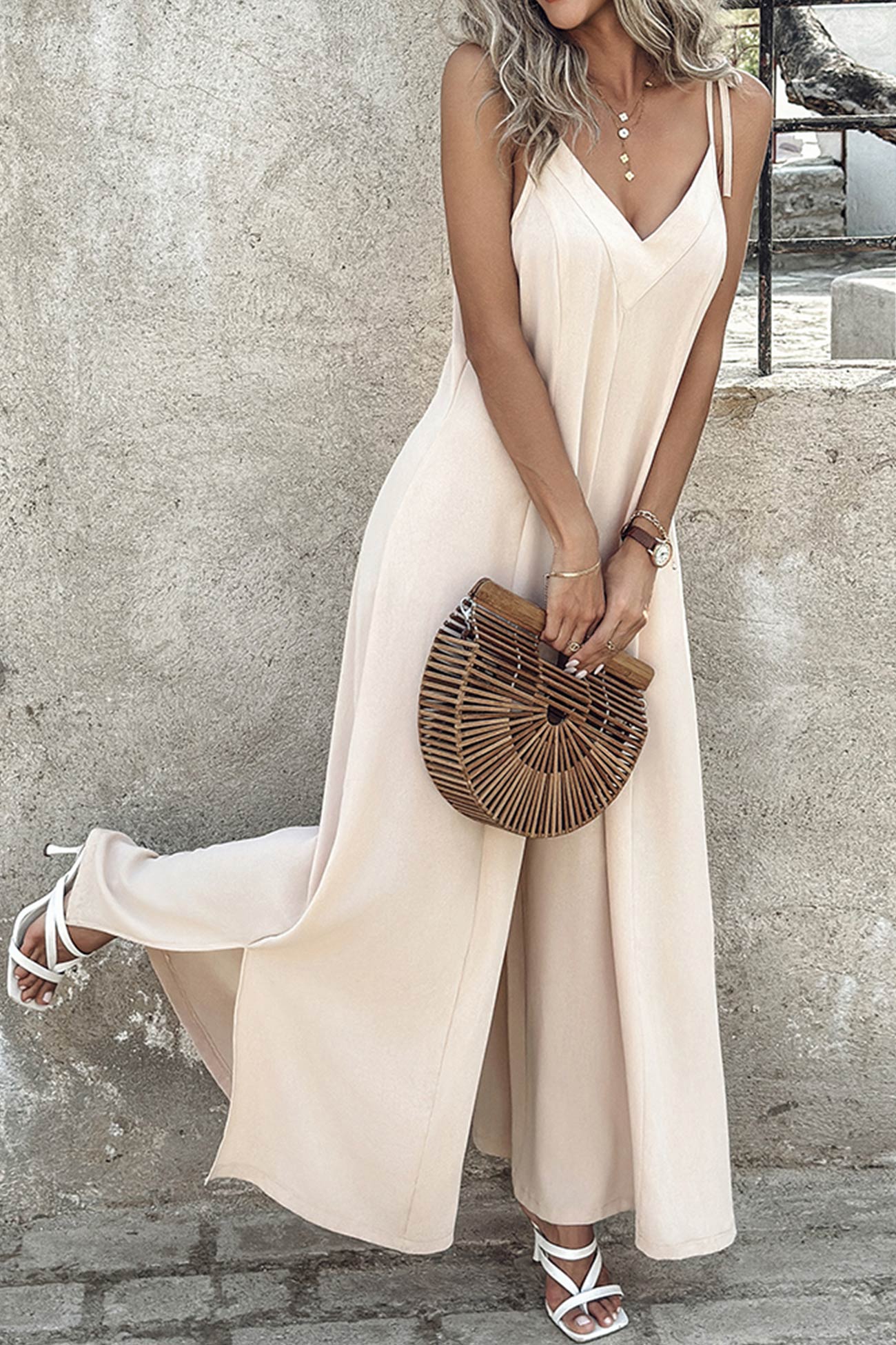 Tie-straps V Neck Slit Wide Leg Jumpsuits - Fashionpara