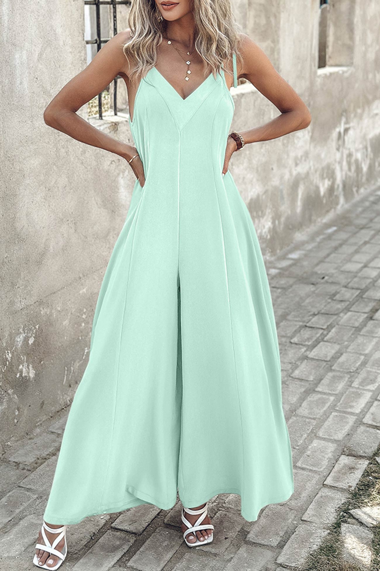 Tie-straps V Neck Slit Wide Leg Jumpsuits - Fashionpara