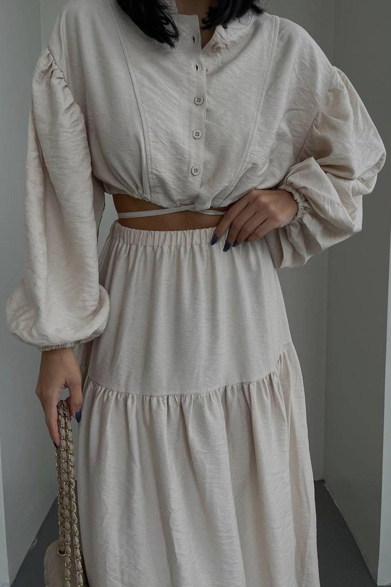 Tie-up Crop Top Tiered Midi Skirt Suits