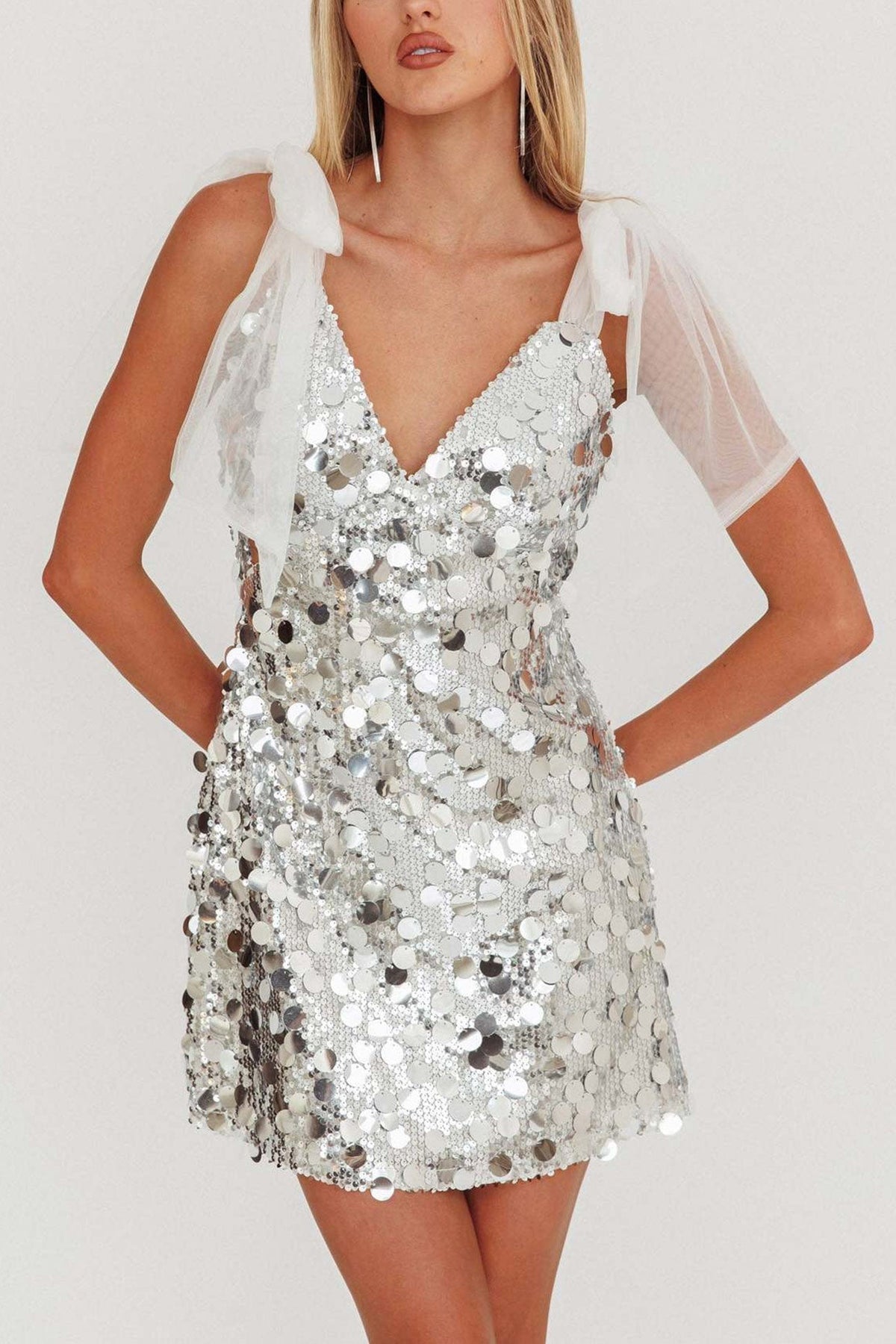 Sequin V-Neck Tie Strap A-Line Mini Party Dress in Silver