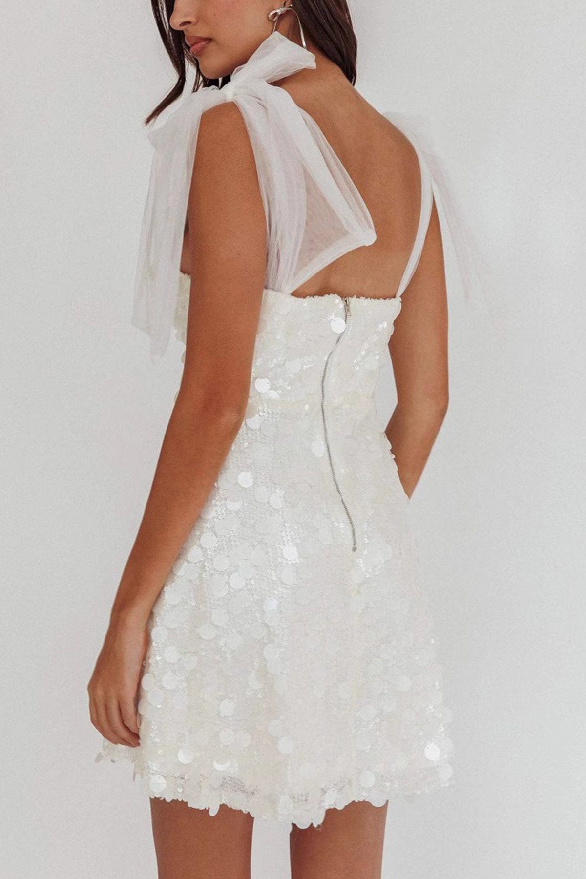 Sequin V-Neck Tie Strap A-Line Mini Party Dress in Silver - View 7