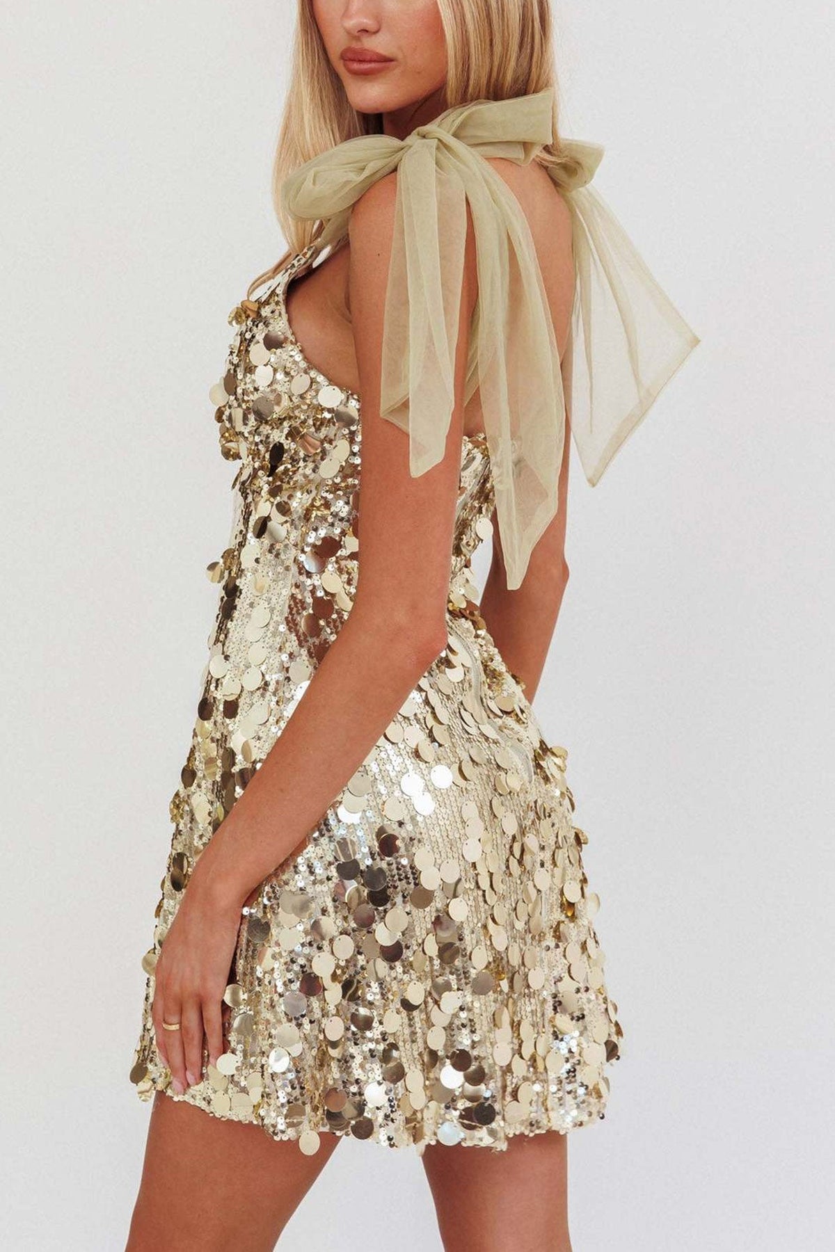 Sequin V-Neck Tie Strap A-Line Mini Party Dress in Silver - View 13