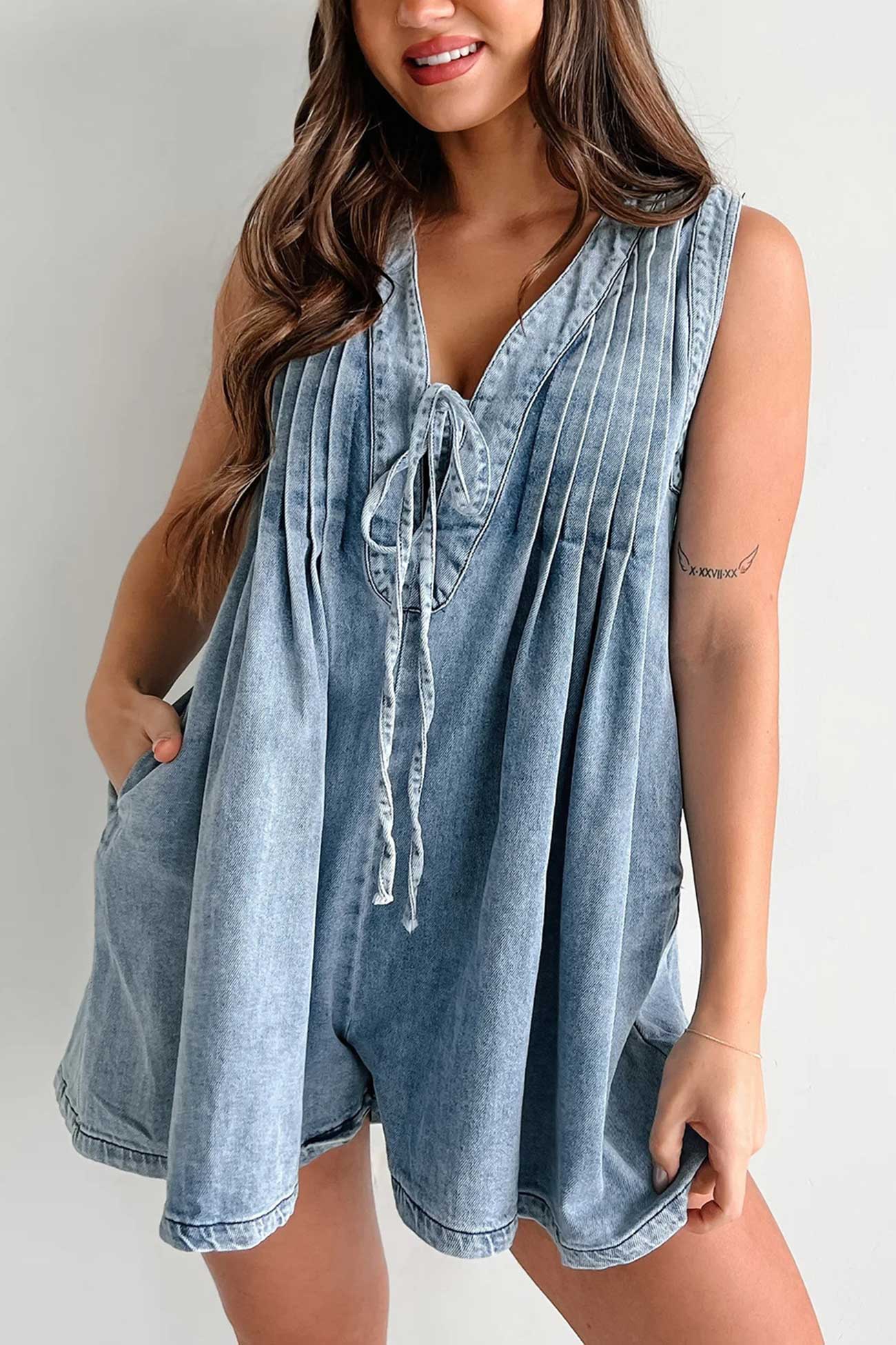 Tie-up Sleeveless Denim Rompers - Fashionpara