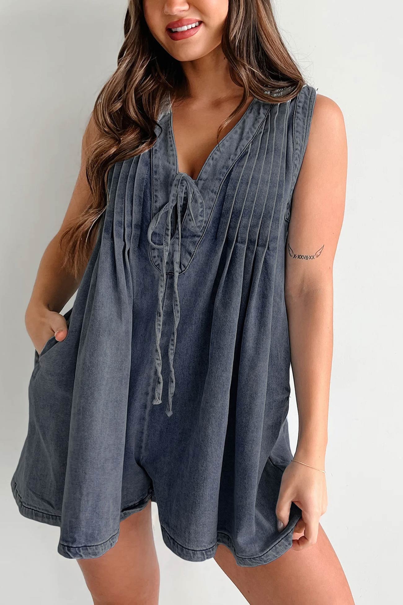 Tie-up Sleeveless Denim Rompers - Fashionpara