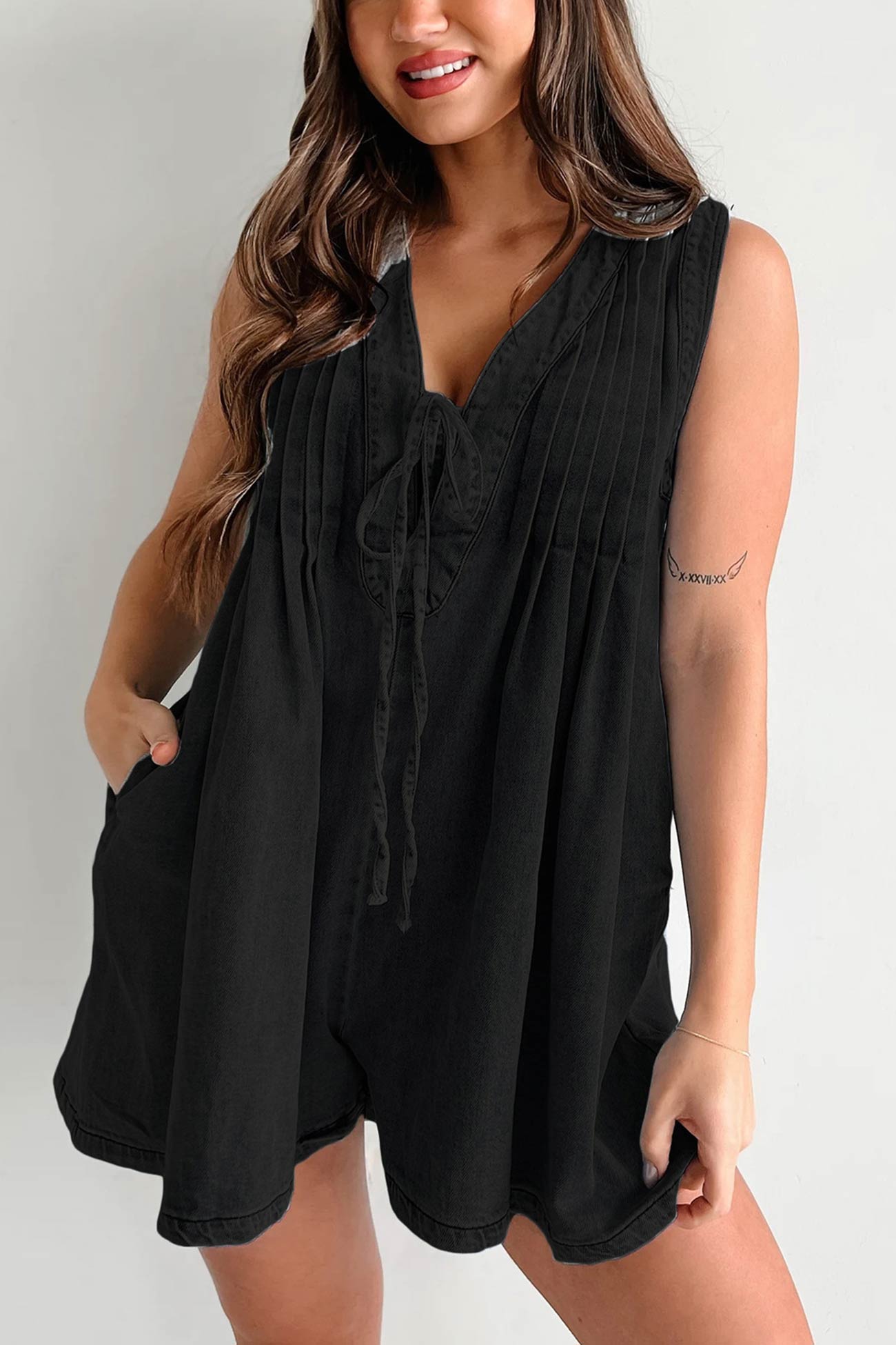 Tie-up Sleeveless Denim Rompers - Fashionpara