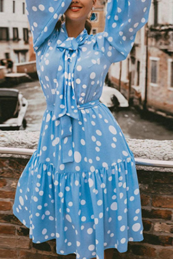 Tie Neck Polka Dot Ruffle Dress - Mislish