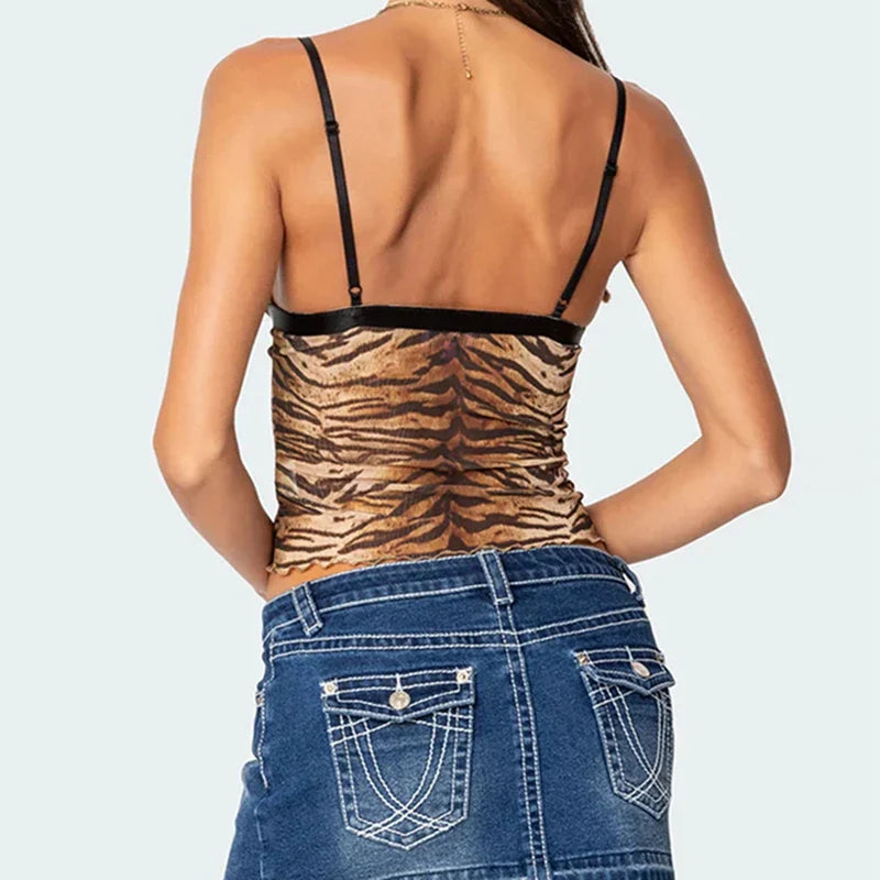 Tiger Stripe Print Coquette V Neck Sleeveless Slim Fit Backless Crop Top