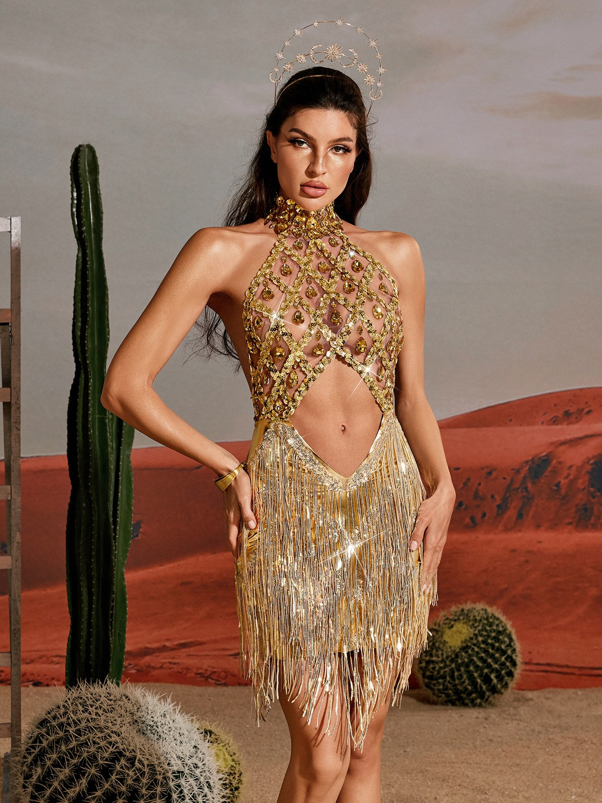 Sequin Fringe Halter Neck Crystal Lattice Cut Out Mini Dress - View 3