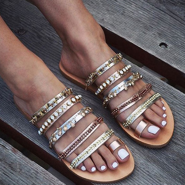 Toe-Loop Flats Slide Sandals With Rhinestone - Mislish