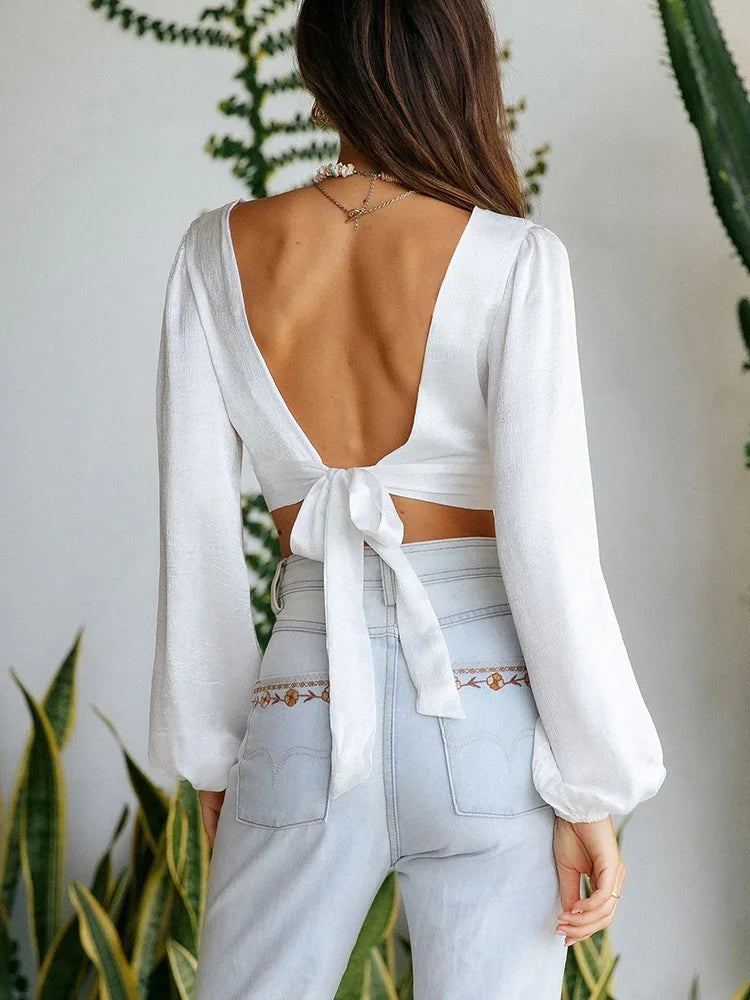 Deep V Cut Out Back Tie Backless Puff Sleeve White Blouse