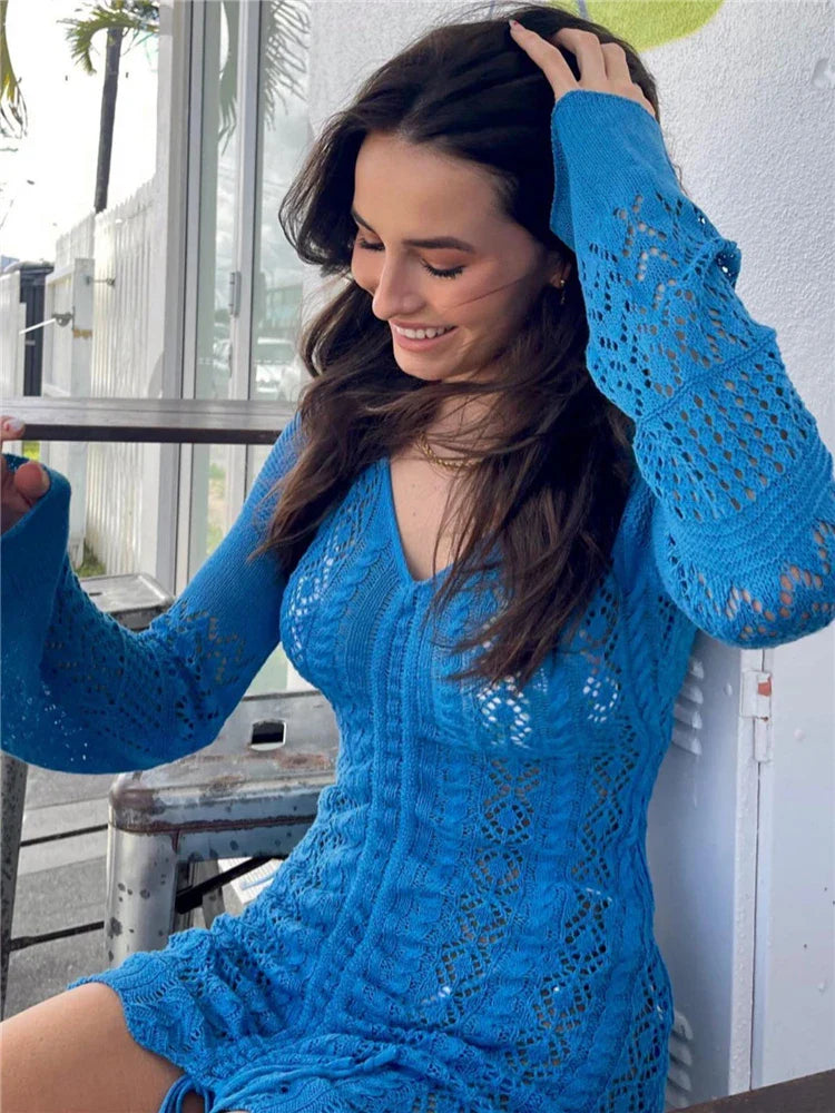 Drawstring Ruched Knit Mini Dress