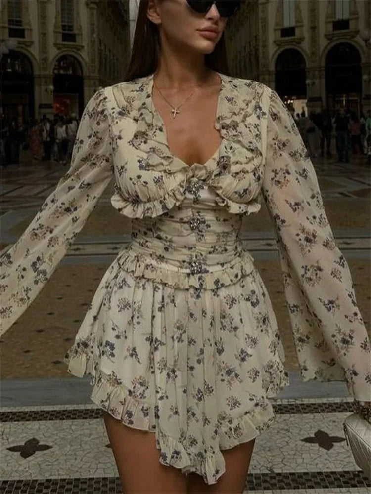 Printed Drawstring Bandage Mini Dress