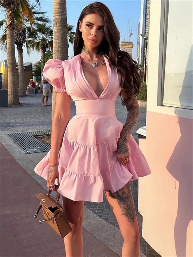 Ruffled Lace-Up Slim Mini Dress