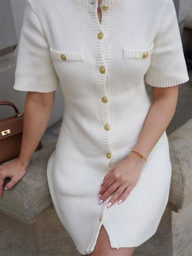 White Knit Pocket Mini Dress