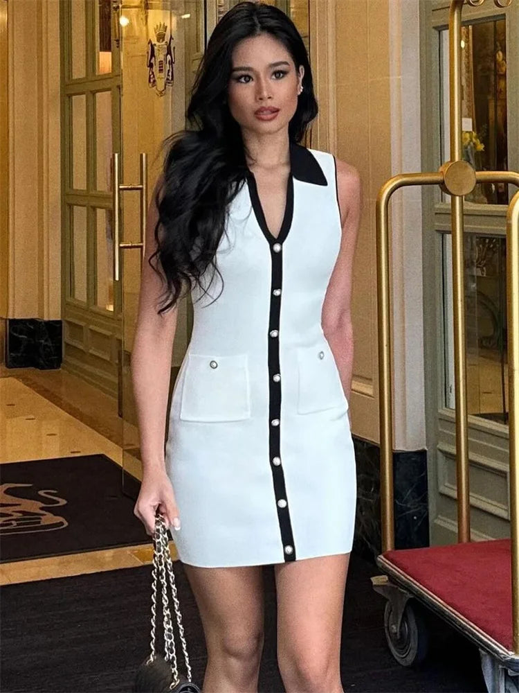 White Knitted Lapel Mini Dress