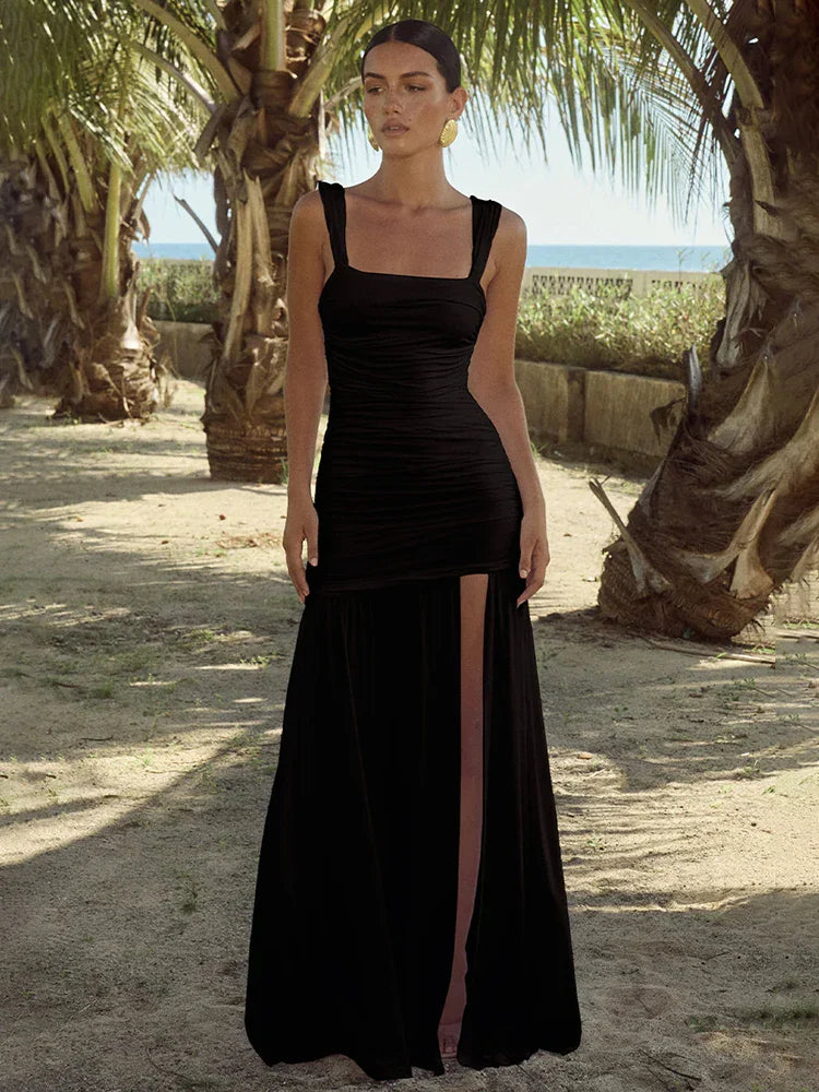 Elegant Pleated A-line Maxi Vacation Dress