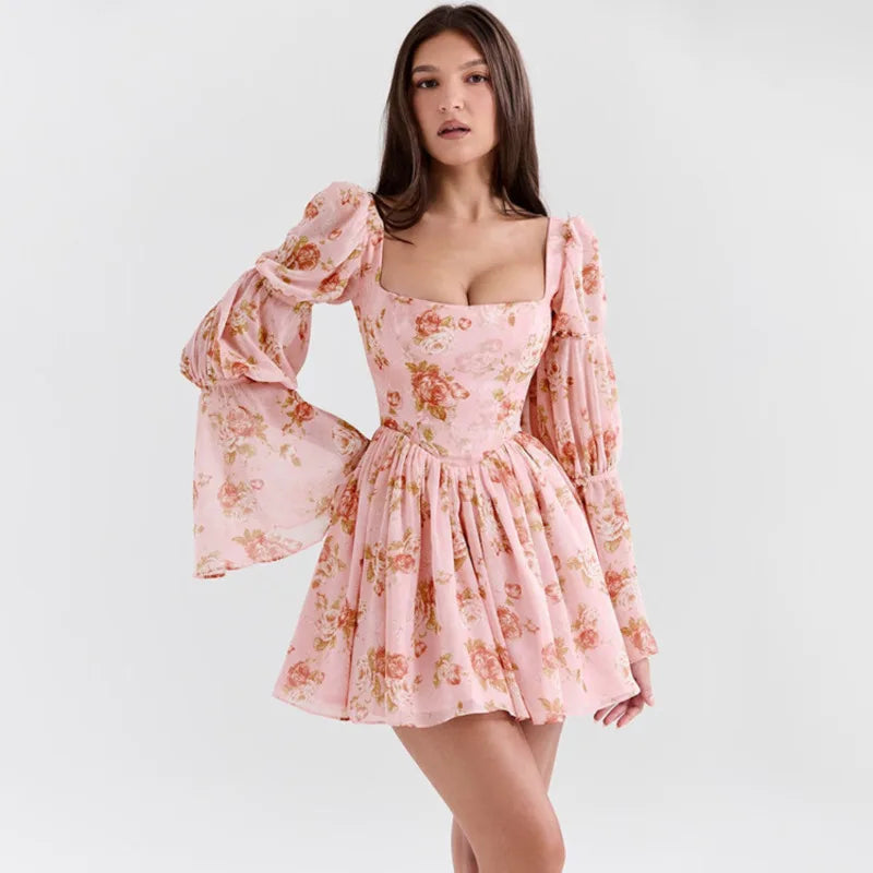 Floral Print Waist Wrap A-line Vacation Dress