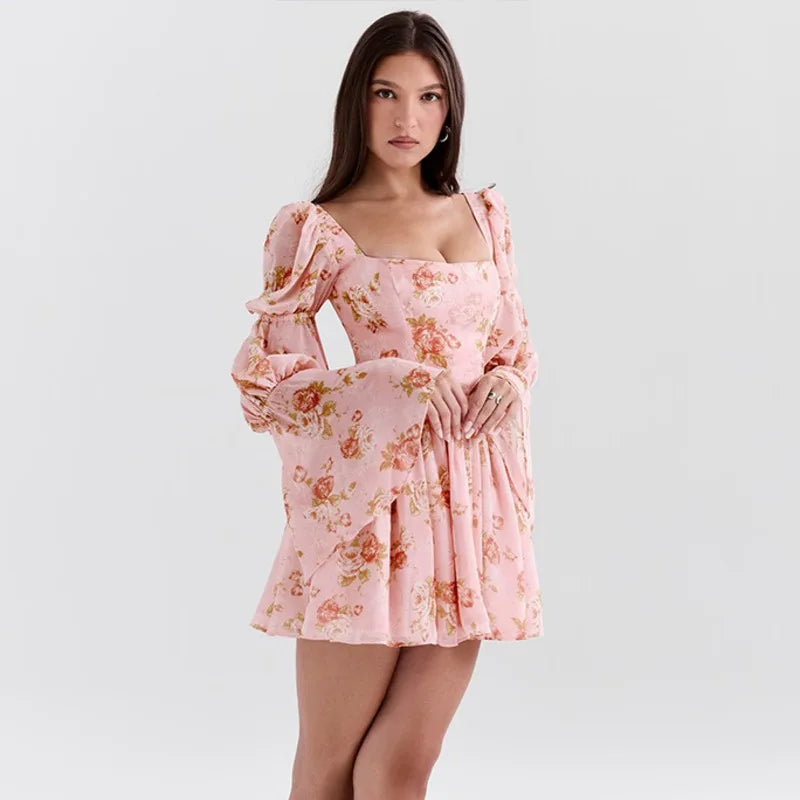 Floral Print Waist Wrap A-line Vacation Dress