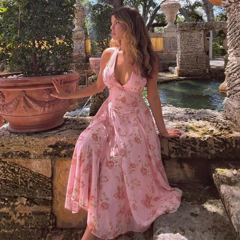 Floral Print Waist Wrap A-line Vacation Dress