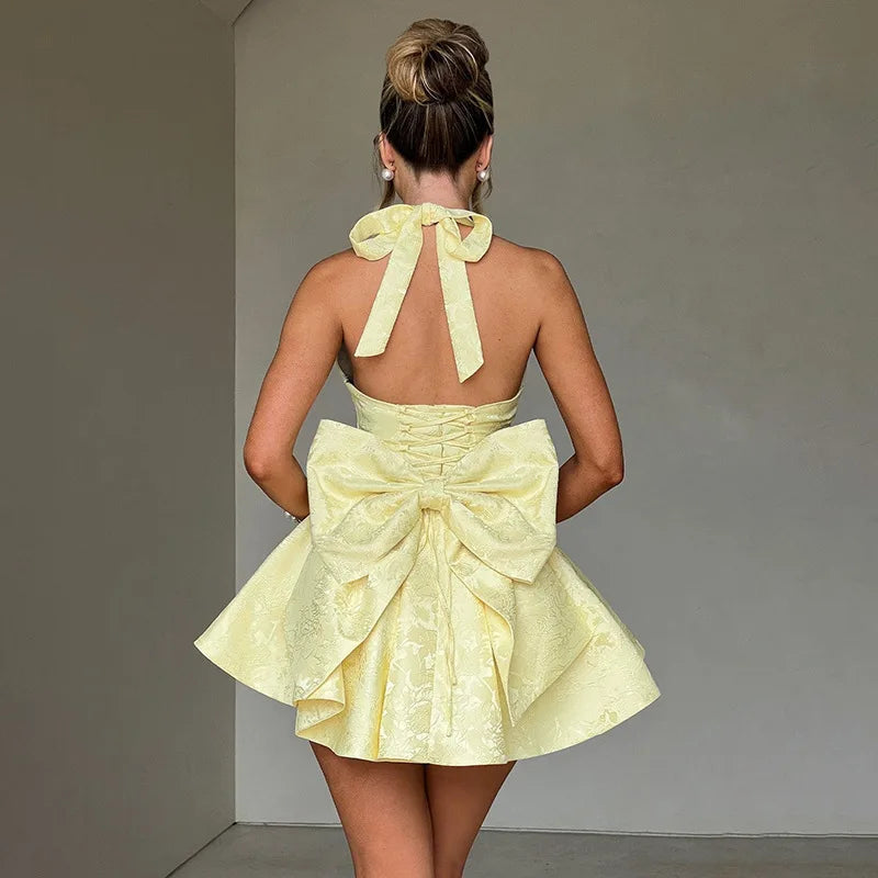 Jacquard Bow Waist Wrap Vacation Dress