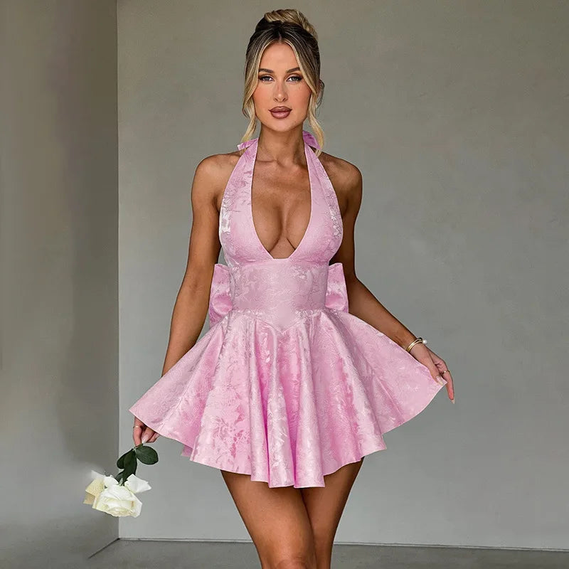 Jacquard Bow Waist Wrap Vacation Dress