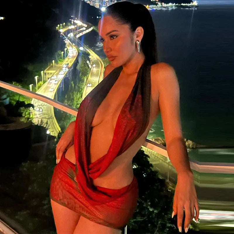 Mesh Print Halter Deep V Neck Vacation Dress