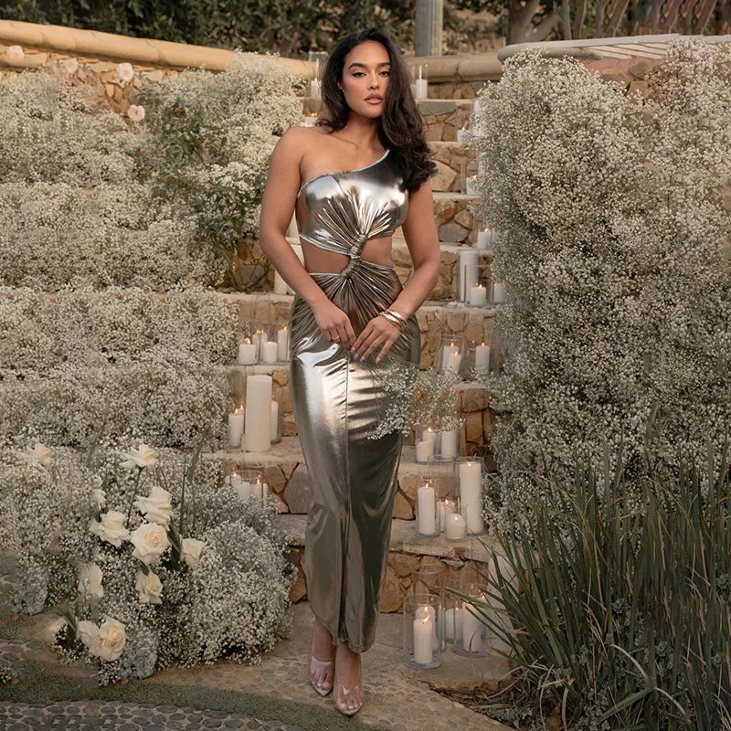 Metal Slim Bodycon Midi Vacation Dress