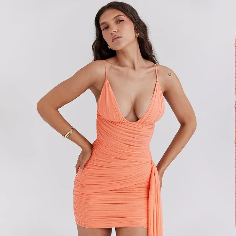 Pleated Ribbon Slim Bodycon Vacation Dress