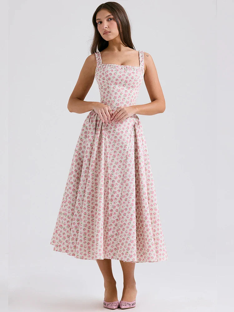 Print A-line Elegant Midi Vacation Dress