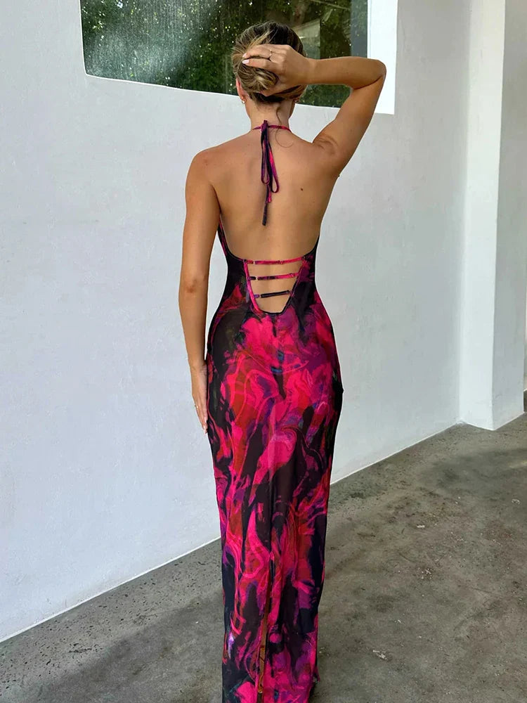 Print Elegant Midi Halter Vacation Dress
