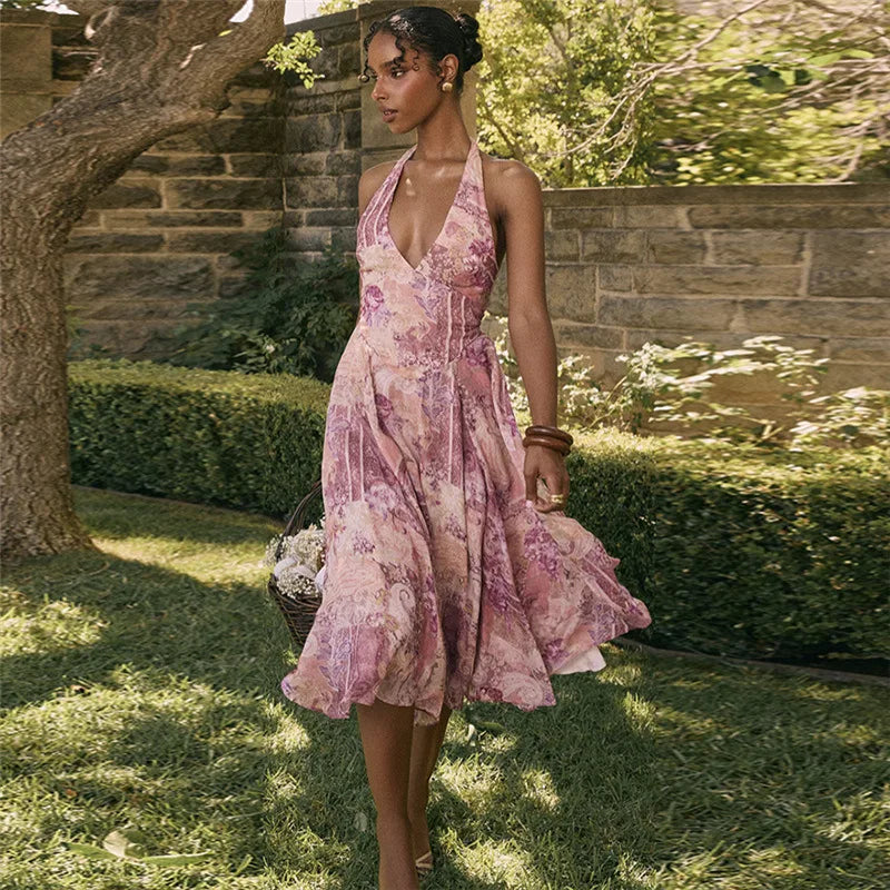 Print Pleated A-line Vacation Dress