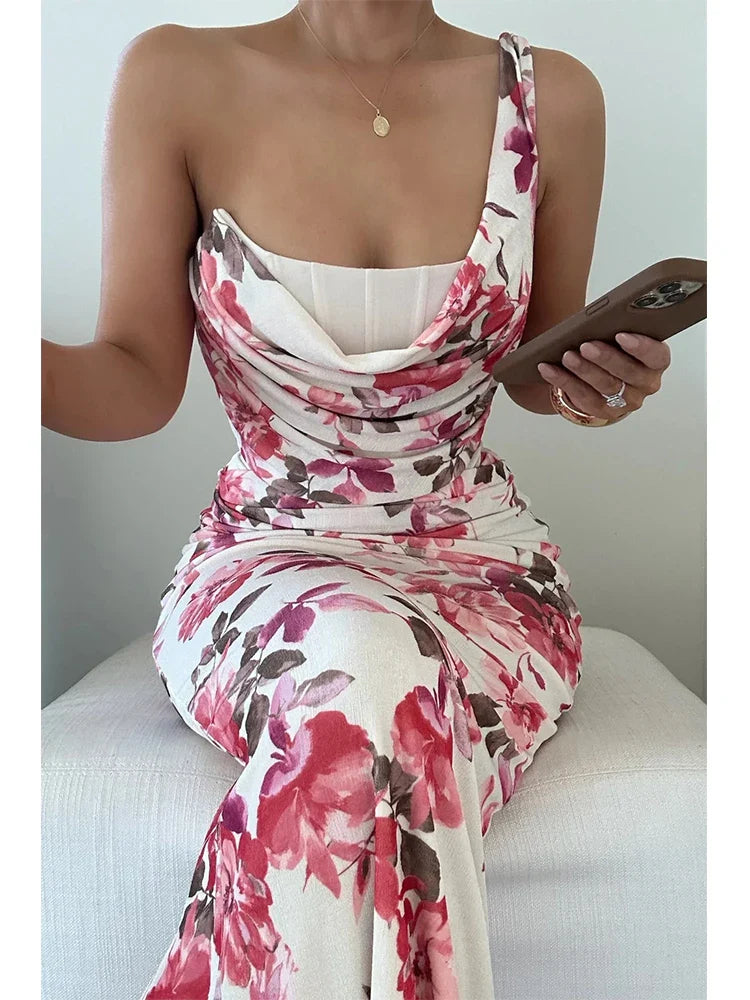 Print Pleated Slim Bodycon Vacation Dress