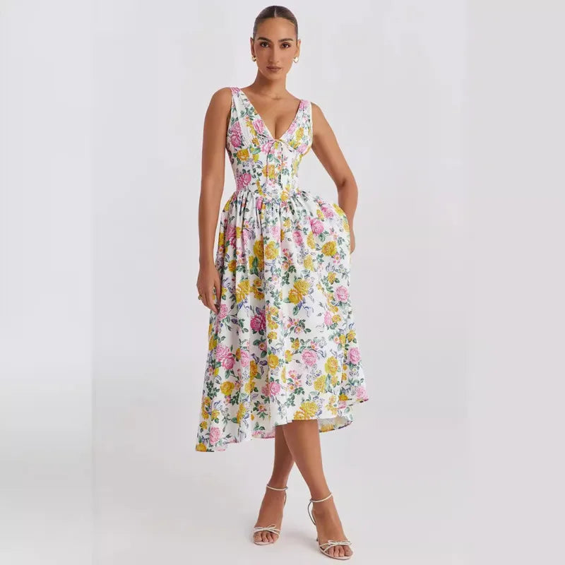 Waist Wrap Print A-line Vacation Dress
