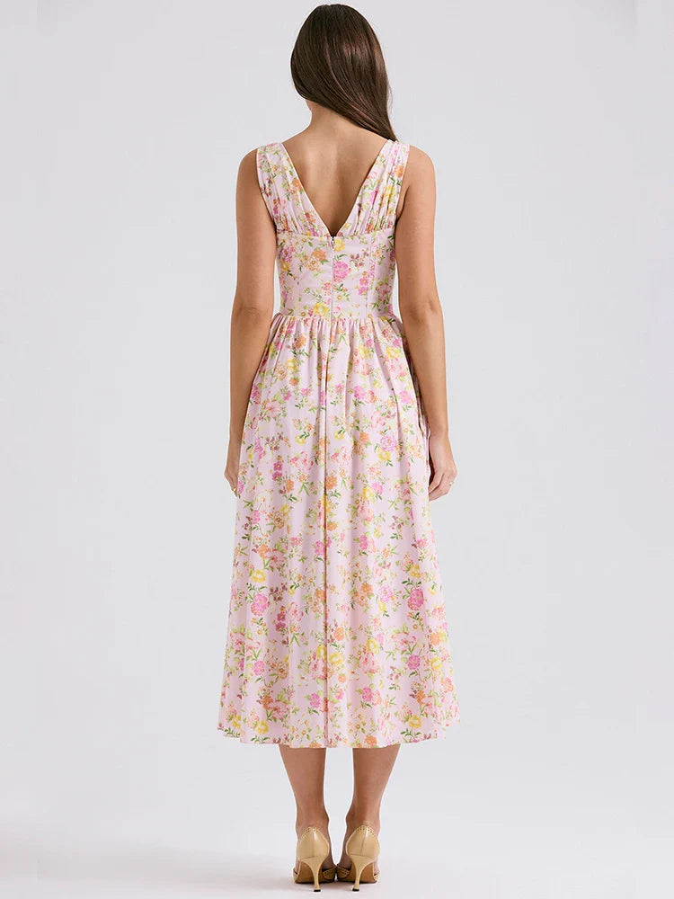 Waist Wrap Print A-line Vacation Dress