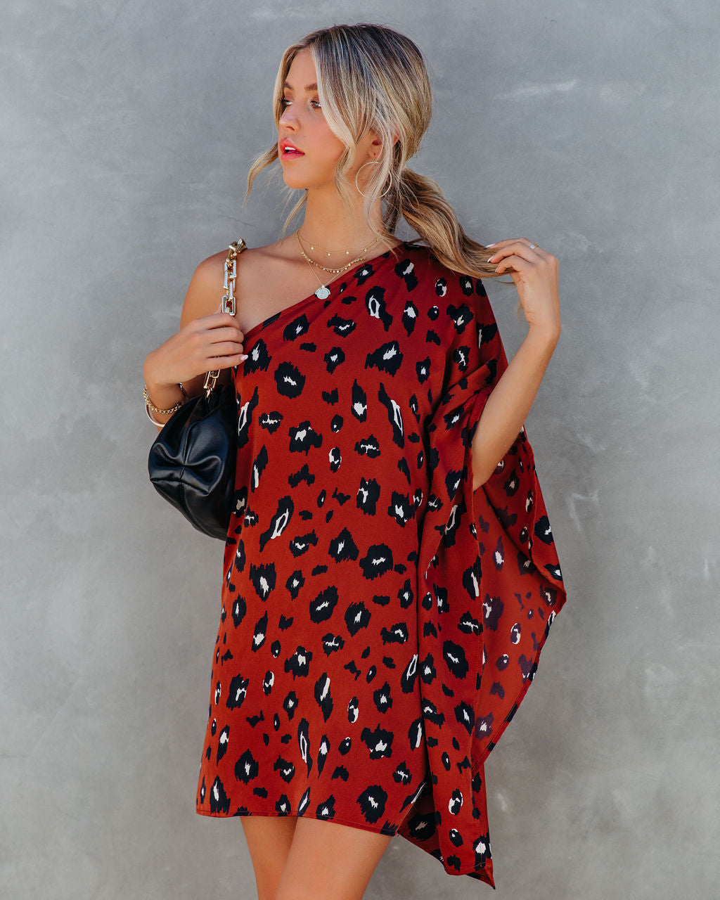 Leopard Print One Shoulder Batwing Shift Mini Dress