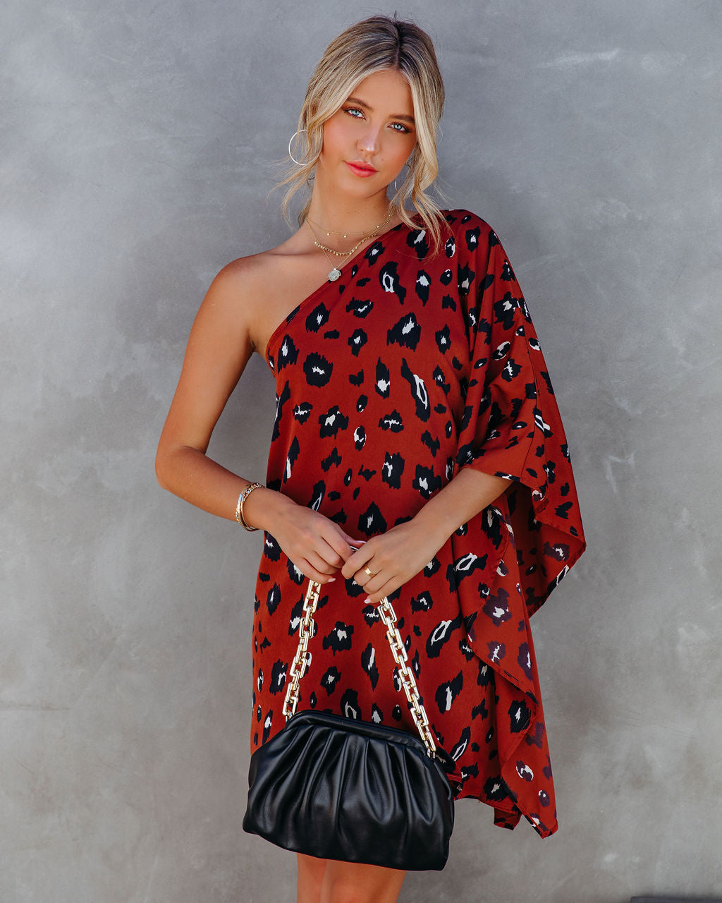 Leopard Print One Shoulder Batwing Shift Mini Dress