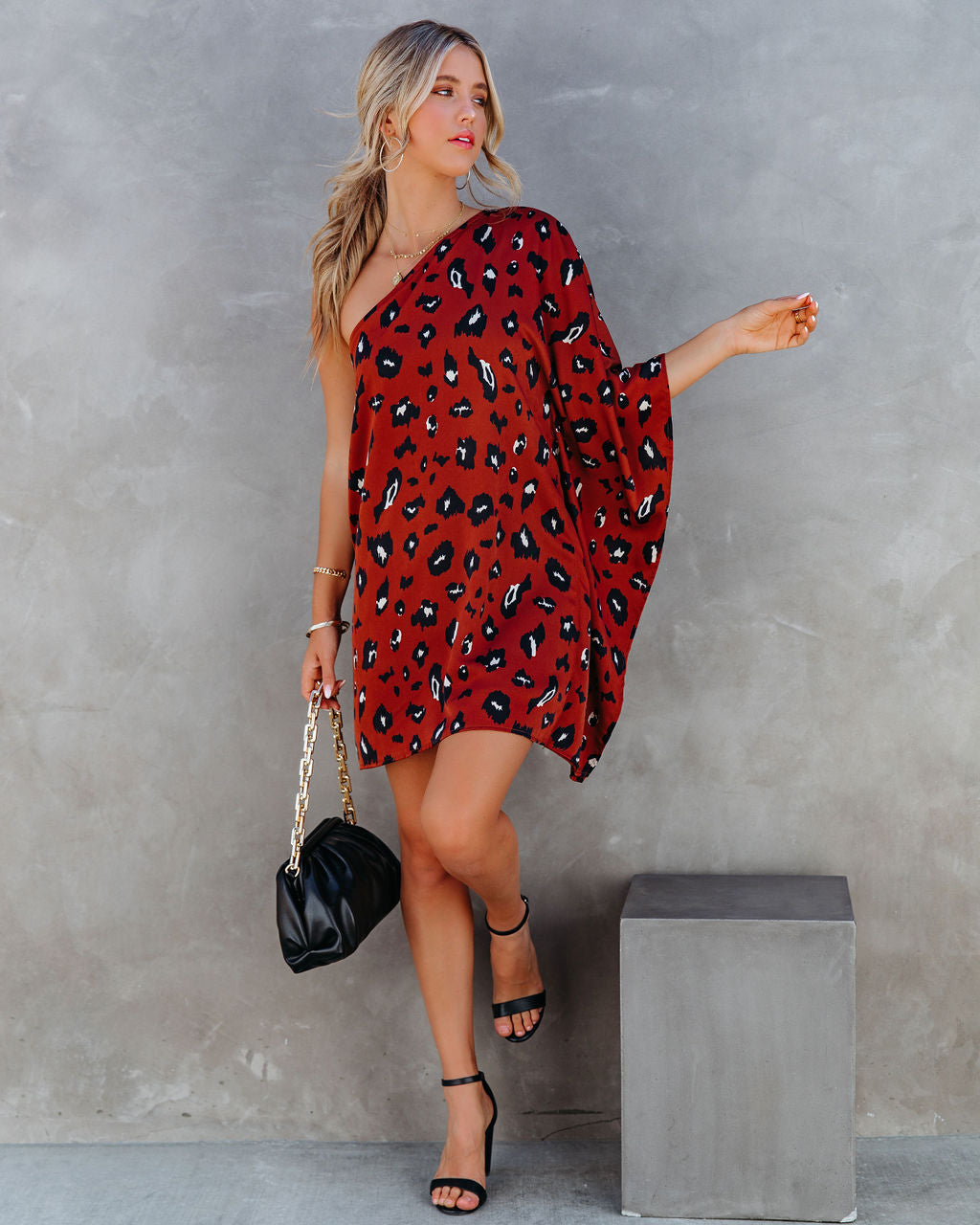 Leopard Print One Shoulder Batwing Shift Mini Dress