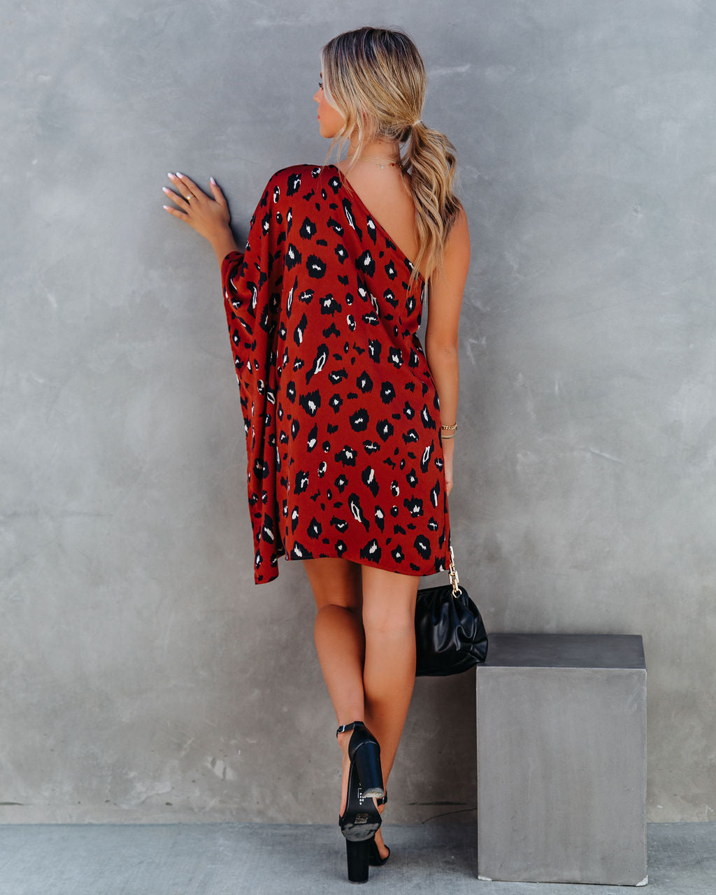 Leopard Print One Shoulder Batwing Shift Mini Dress