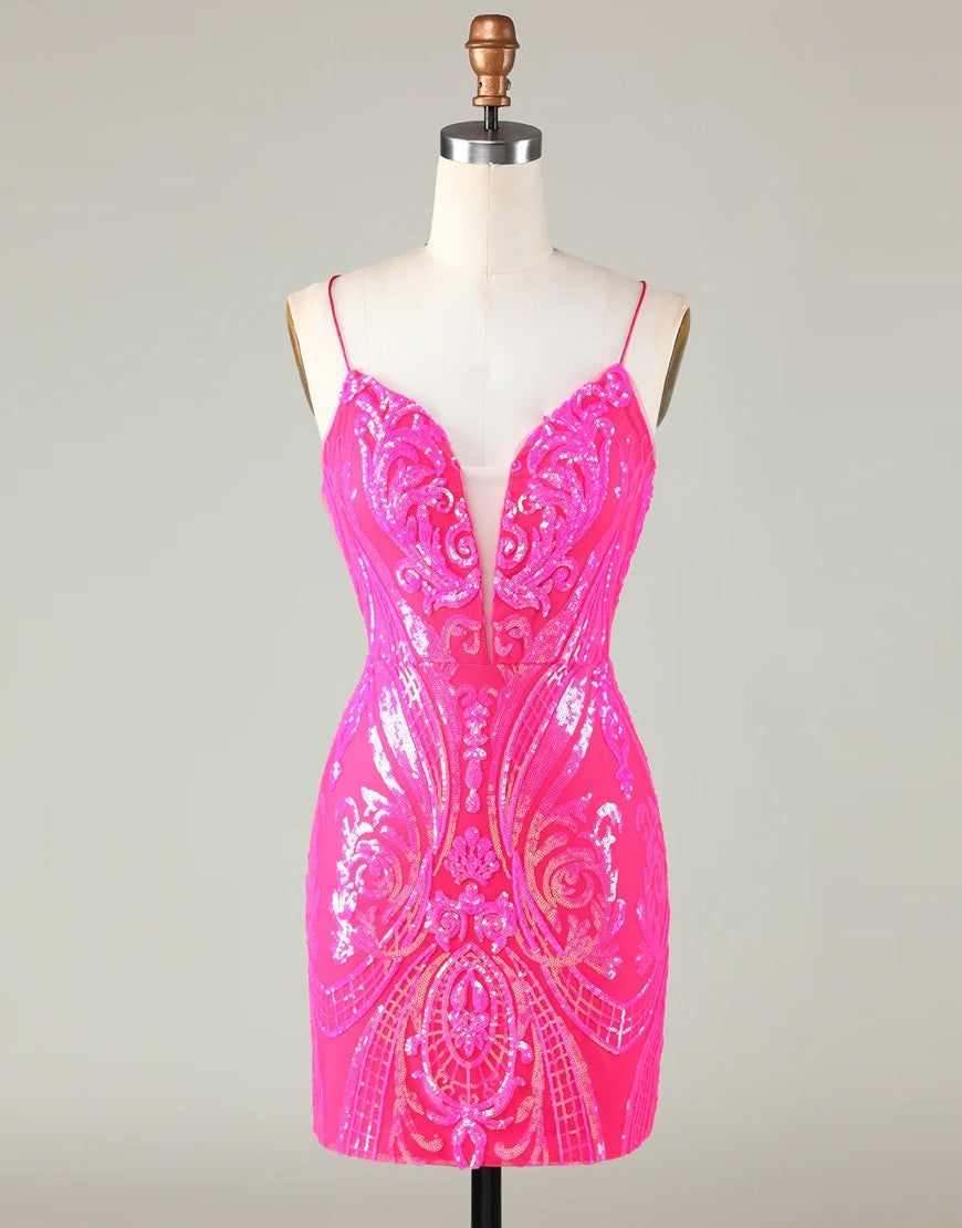 Trend Hot Pink Lace Up Tight Glitter Homecoming Dress - Fashionpara