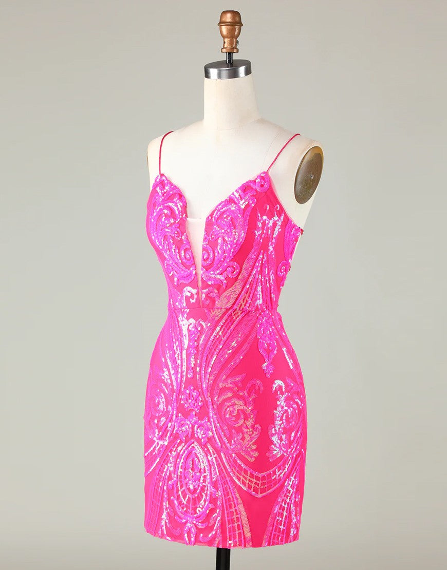 Trend Hot Pink Lace Up Tight Glitter Homecoming Dress - Fashionpara