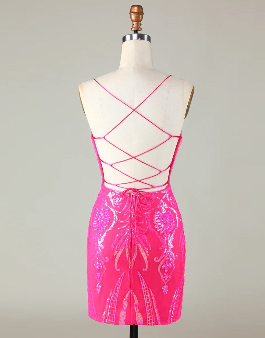 Trend Hot Pink Lace Up Tight Glitter Homecoming Dress - Fashionpara