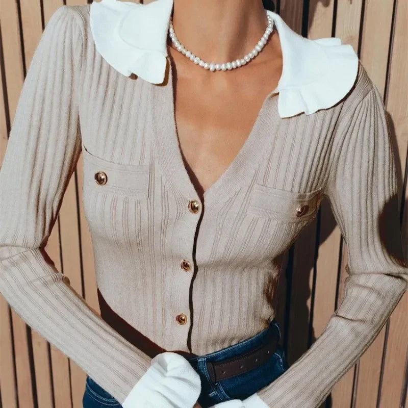 Elegant Patchwork Ruffle Long Sleeve Cardigan